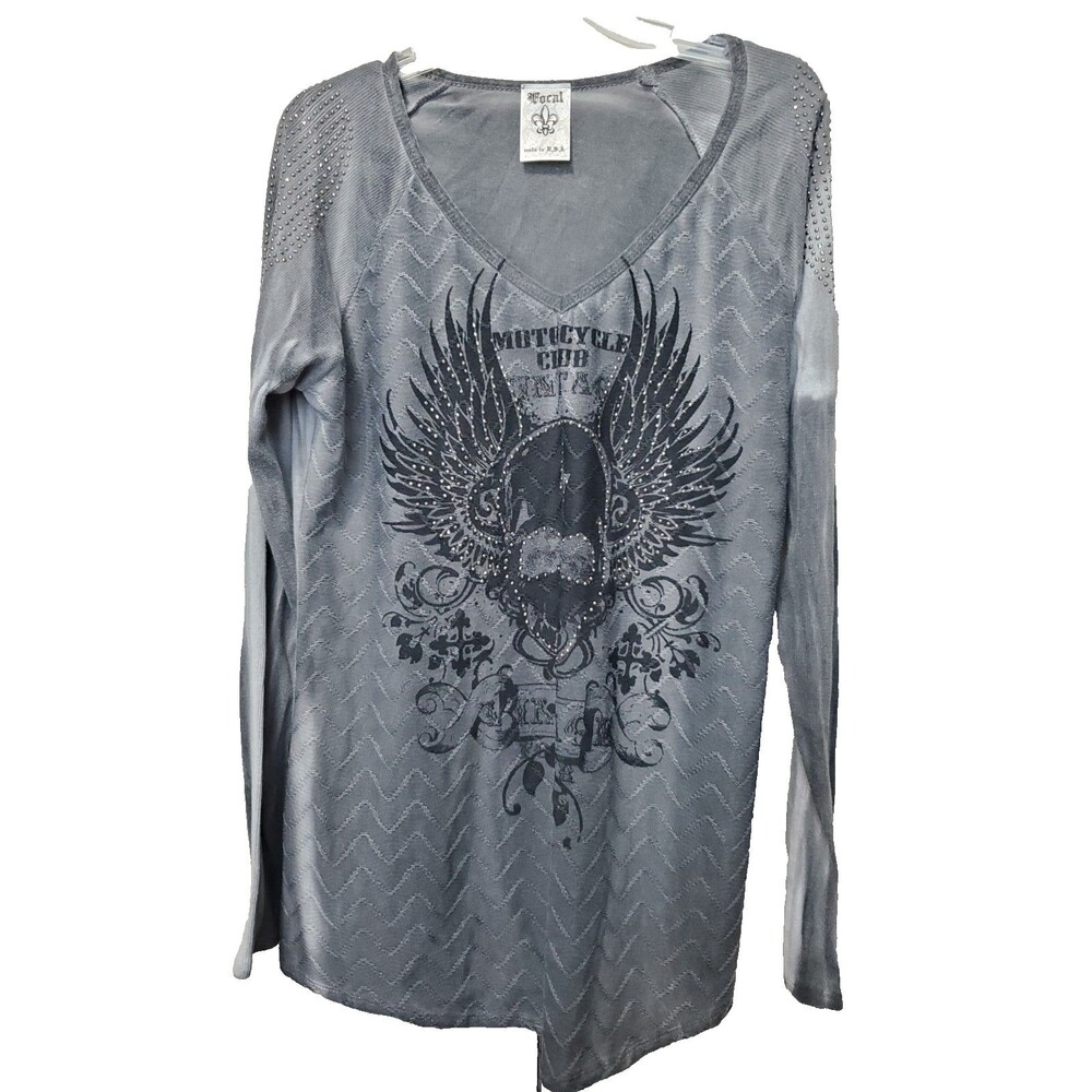 Vocal Apparel Gray Studded Motorcycle Club Skull Long Sleeve Knit Tunic Size XL